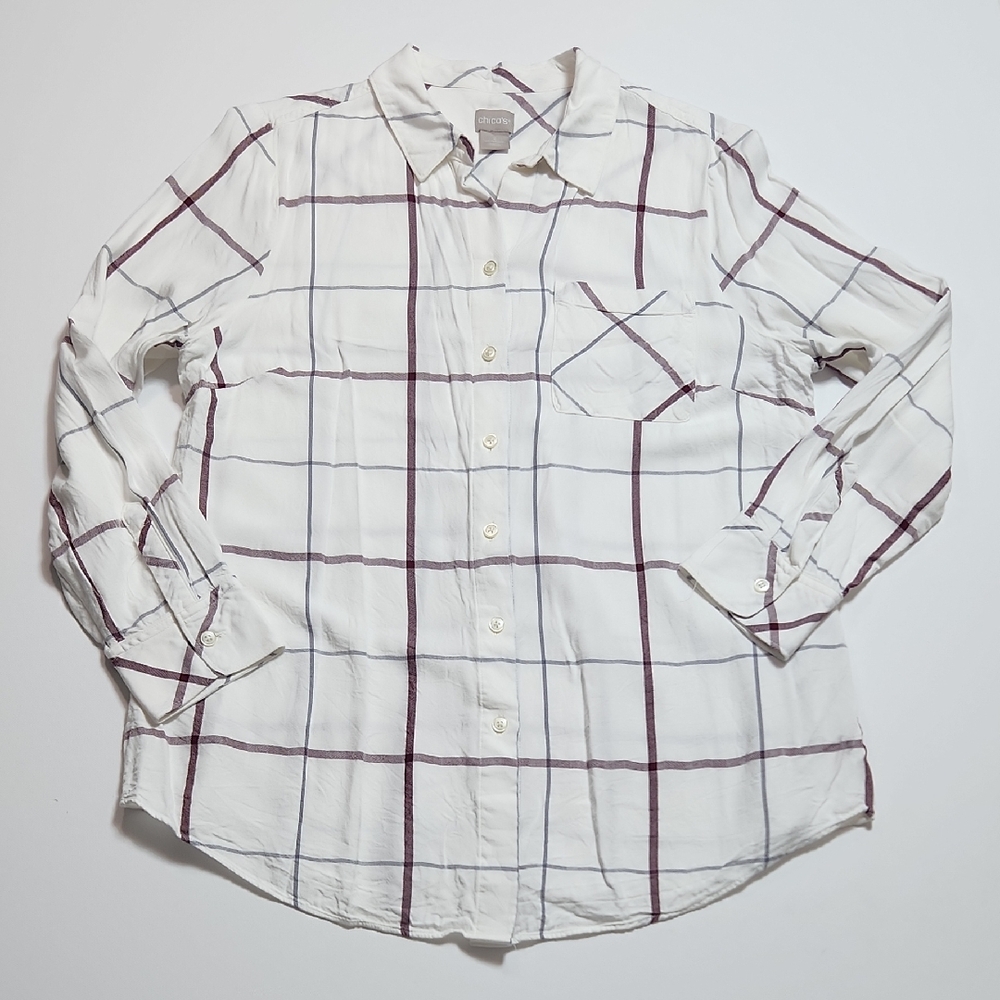 Chico’s Women’s Plaid Button Down Shirt White Burgundy Windowpane Rayon Top